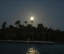 Fullmåne over bål på stranden og sus fra palmetrærne